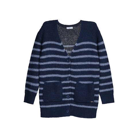 Navy/Light Blue Striped Button-Up Knit Cardigan