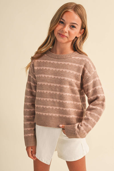 Brown & Blush Scalloped Striped Sweater