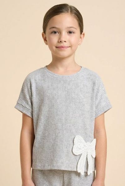 Crochet Bow Ribbed Knit Top | Light Grey