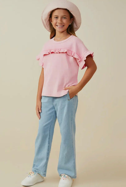Ruffle Detailed Washed Knit Top | Pink