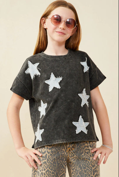 Denim Star Patch Washed Knit Tee | Black