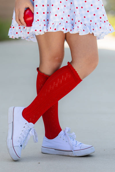 Fancy Lace Top Knee High Socks | Bright Red