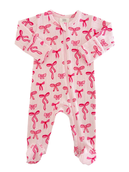 Pink Bows Organic Pointelle 2-Way Zip Footie