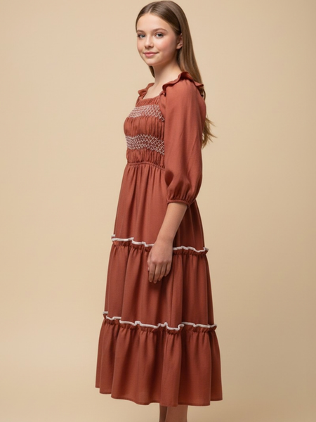Rust Smocked Dress w/ Ruffle Detail
