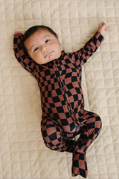 Bamboo Zip Romper | Chocolate Wavy Checkered