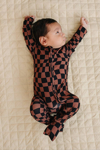 Bamboo Zip Romper | Chocolate Wavy Checkered
