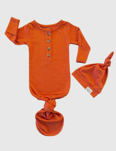 Organic Knotted Gown & Top Knot Hat | Rust Red Orange | DOORBUSTER