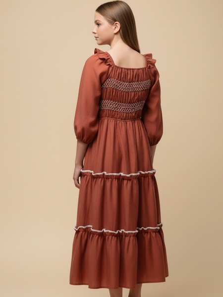 Rust Smocked Dress w/ Ruffle Detail