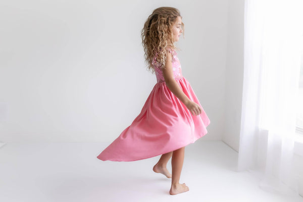 Pink Purple Retro Daisy Hi-Lo Flutter Sleeve Dress