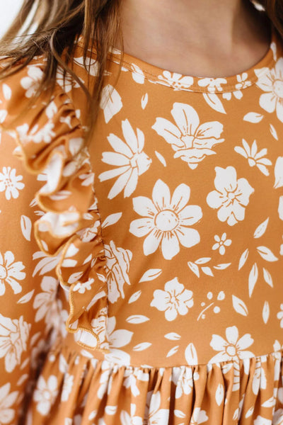 Golden Blooms 3/4 Sleeve Ruffle Twirl Dress