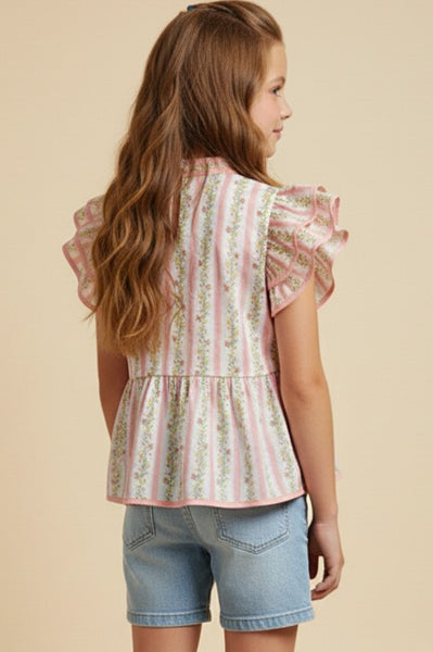 Floral Striped Ruffle Shoulder Top | Pink