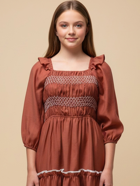 Rust Smocked Dress w/ Ruffle Detail