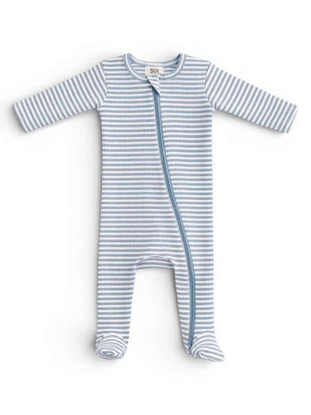 Ribbed 2-Way Zip Footie | Dusty Blue Stripe