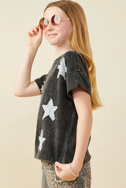 Denim Star Patch Washed Knit Tee | Black