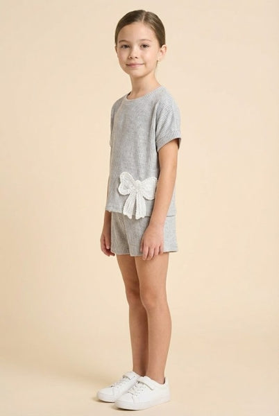 Crochet Bow Ribbed Knit Top | Light Grey
