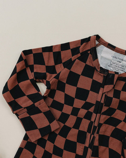 Bamboo Zip Romper | Chocolate Wavy Checkered