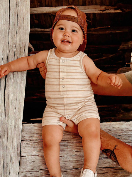 Organic Shortie Romper | Biscuit Mixed Stipe