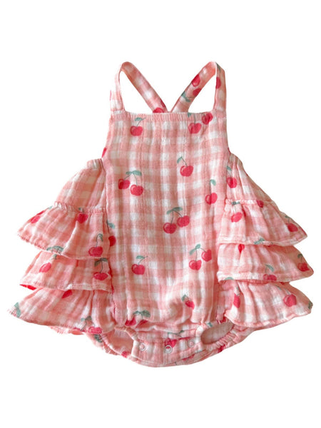 Muslin Ruffle Sunsuit | Gingham Cherries