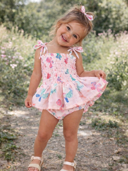 Muslin Smocked Bubble w/ Skirt | Whimsical Butterflies