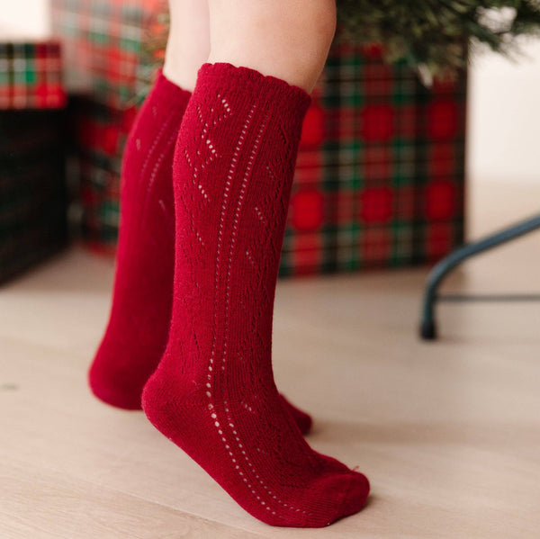 Scalloped Fancy Knee High Socks | Crimson