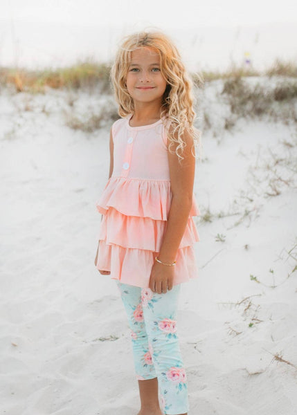Peach Teal Floral Tiered Ruffle Button Set