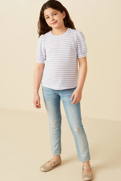 Textured Stripe Puff Sleeve Knit Top | Lavender