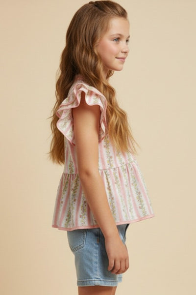 Floral Striped Ruffle Shoulder Top | Pink