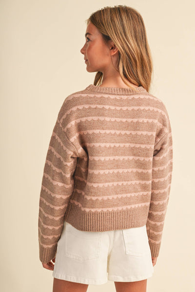Brown & Blush Scalloped Striped Sweater