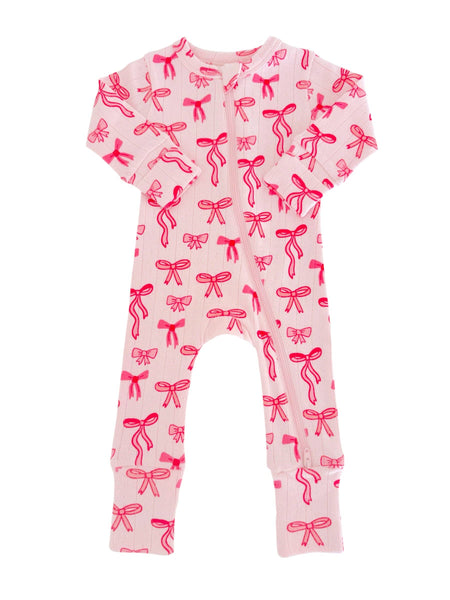Pink Bows Organic Pointelle 2-Way Zip Romper
