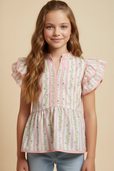 Floral Striped Ruffle Shoulder Top | Pink