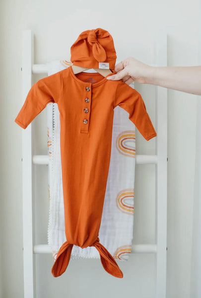 Organic Knotted Gown & Top Knot Hat | Rust Red Orange | DOORBUSTER