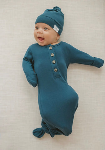 Organic Knotted Gown & Top Knot Hat | Navy | DOORBUSTER