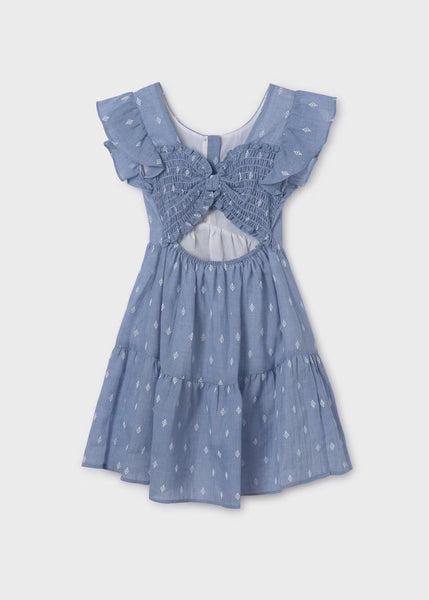 Printed Bow Back Detail Dress | Denim Blue