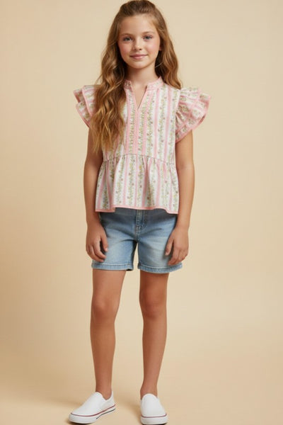Floral Striped Ruffle Shoulder Top | Pink