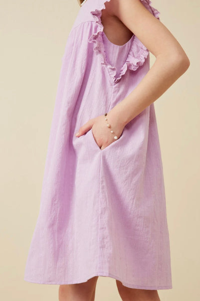 Textured Lace Trim Ruffle Sleeve Dress | Lavender