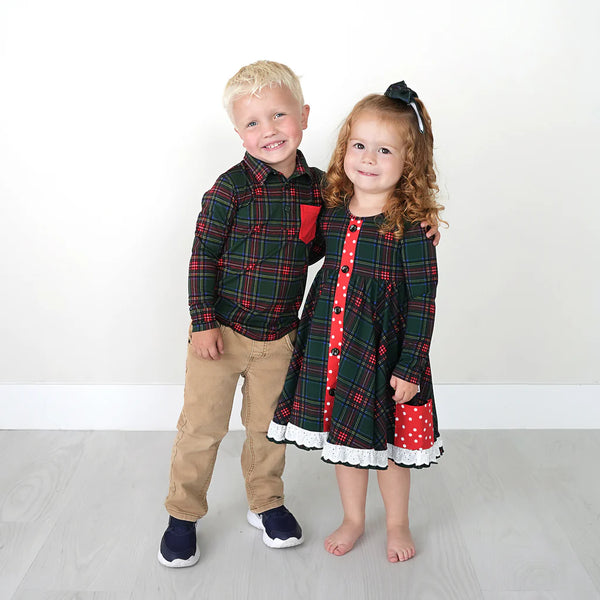 Kane Tartan & Ruby Dot Button Swing Dress