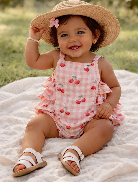 Muslin Ruffle Sunsuit | Gingham Cherries