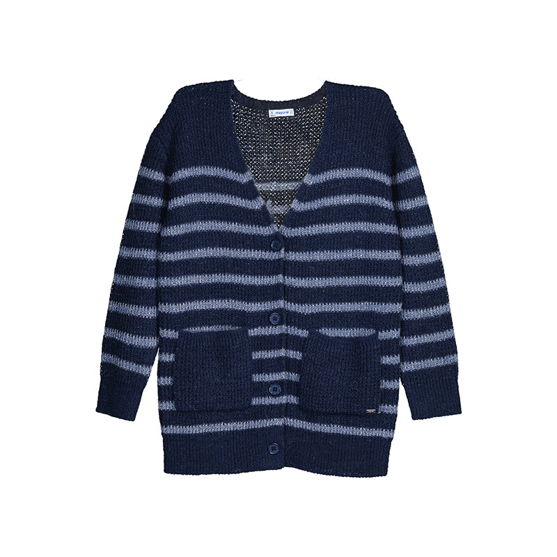 Navy/Light Blue Striped Button-Up Knit Cardigan