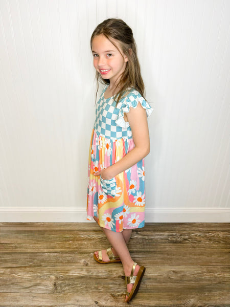 Rainbow Retro Check Daisy Pocket Twirl Dress