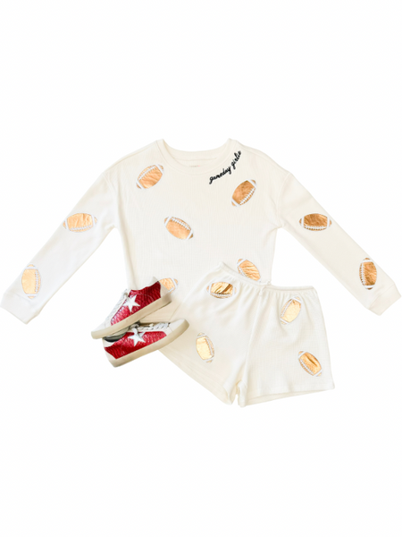 Game Day All Over Applique Football Waffle Knit Top | Gardenia