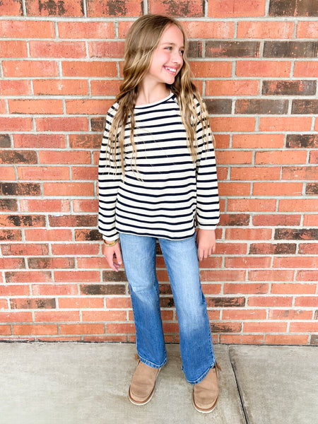 Stripe Raglan Long Sleeve Waffle Knit Top | Navy