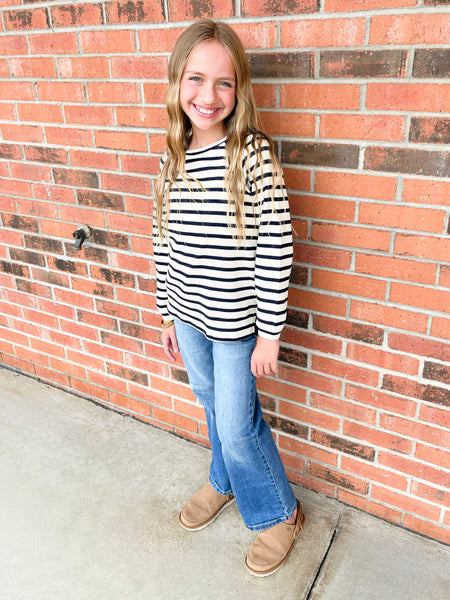 Stripe Raglan Long Sleeve Waffle Knit Top | Navy