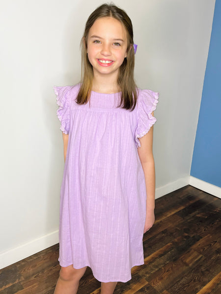 Textured Lace Trim Ruffle Sleeve Dress | Lavender