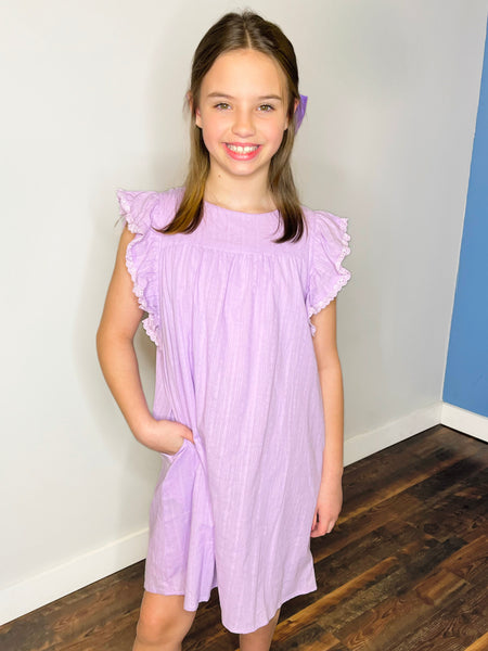 Textured Lace Trim Ruffle Sleeve Dress | Lavender