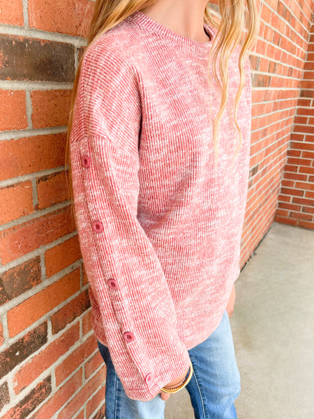 Button Sleeve Brushed Knit Sweater | Brick