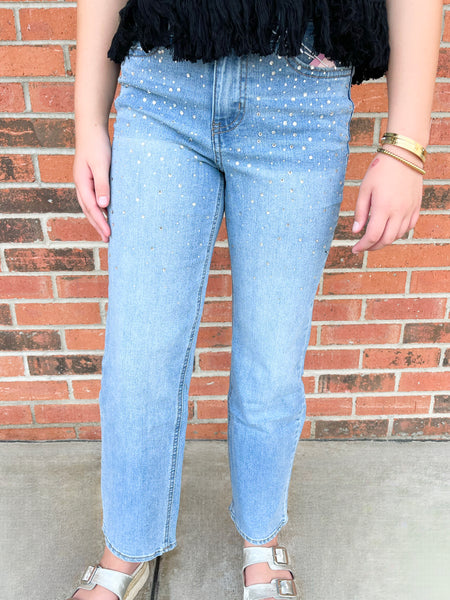 Izzy Rhinestone Straight Leg Jeans | Light Medium Wash