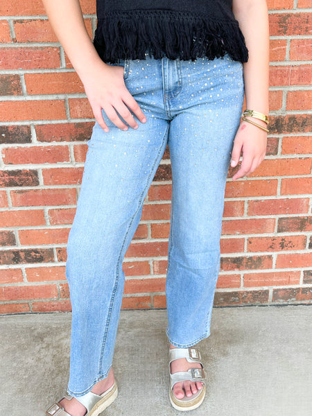 Izzy Rhinestone Straight Leg Jeans | Light Medium Wash