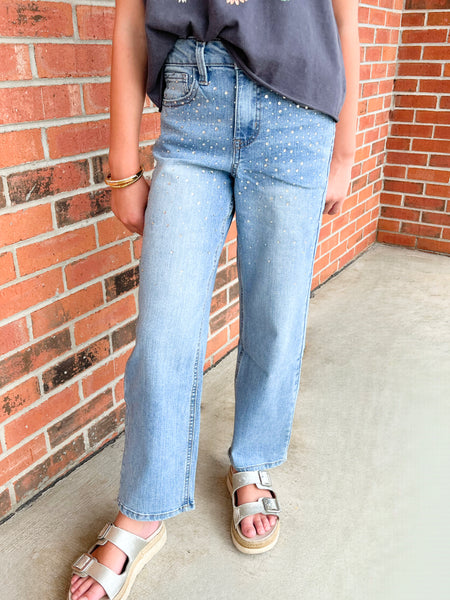 Izzy Rhinestone Straight Leg Jeans | Light Medium Wash