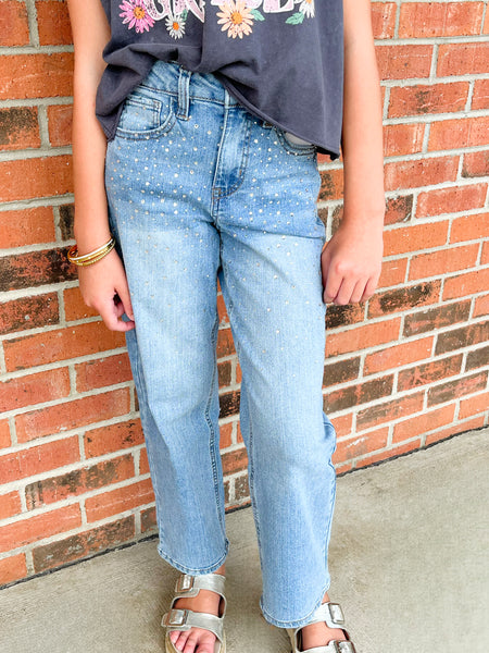 Izzy Rhinestone Straight Leg Jeans | Light Medium Wash