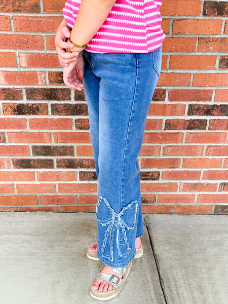 Wide Leg Bow Patchwork Jeans | Dark Wash